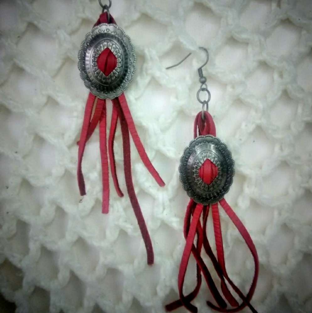 Red Leather Silver Concho Earrings (New)